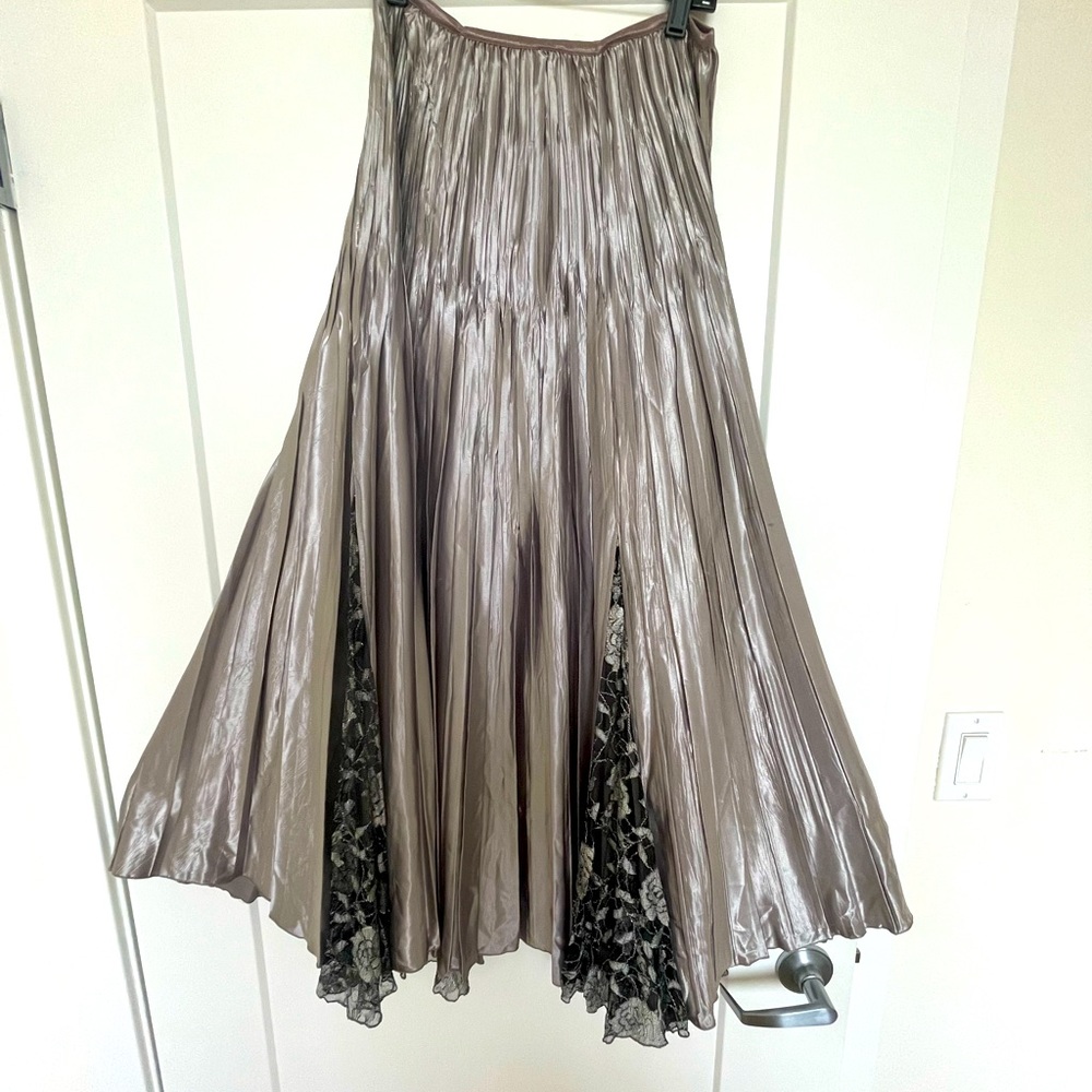Komarov maxi length skirt. Silver charmeuse with blk and silver lace godets